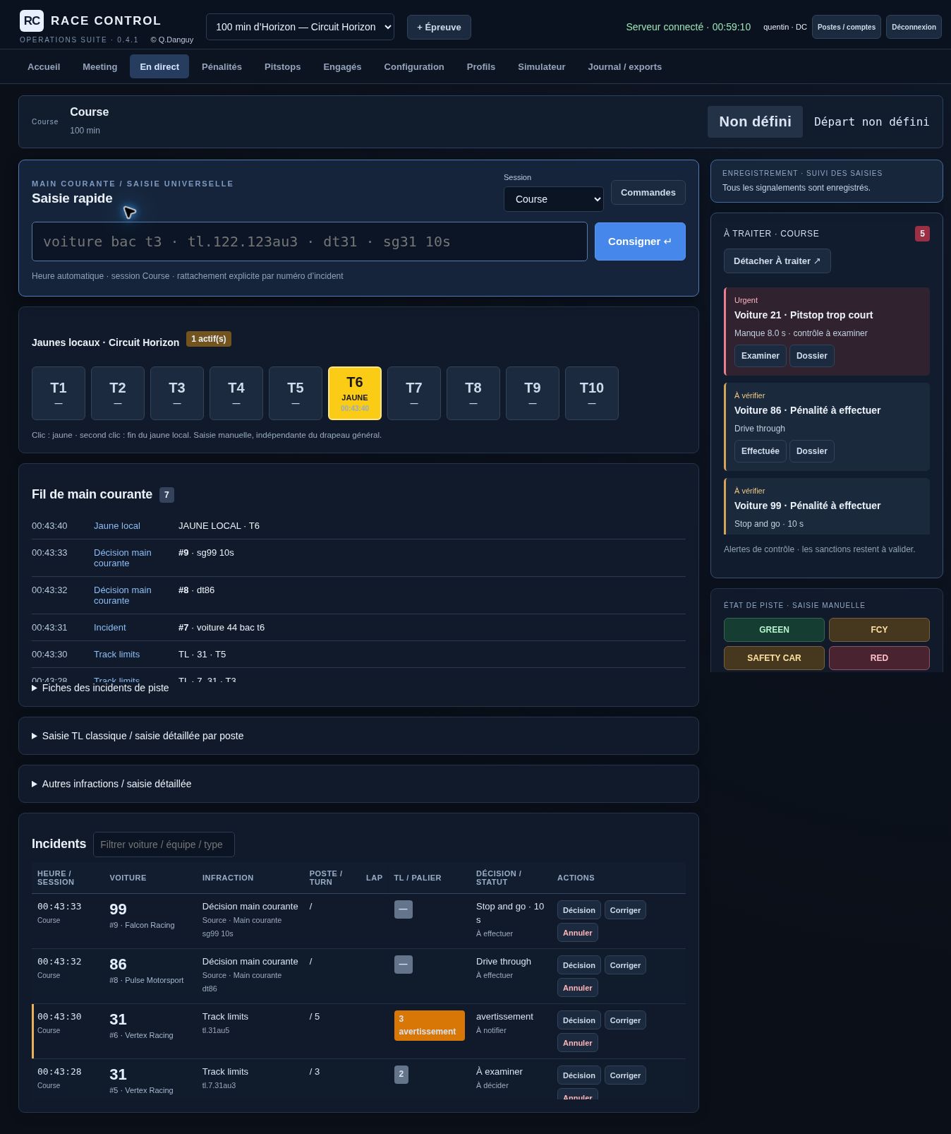Interface Race Control : saisie rapide, jaunes locaux, main courante et actions à traiter