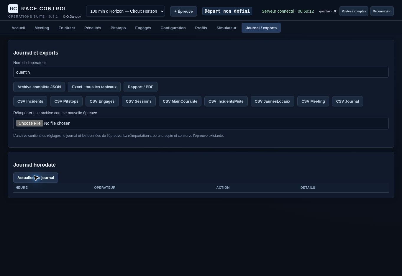 Race Control : exports Excel, CSV, archive JSON, rapport PDF et journal horodaté